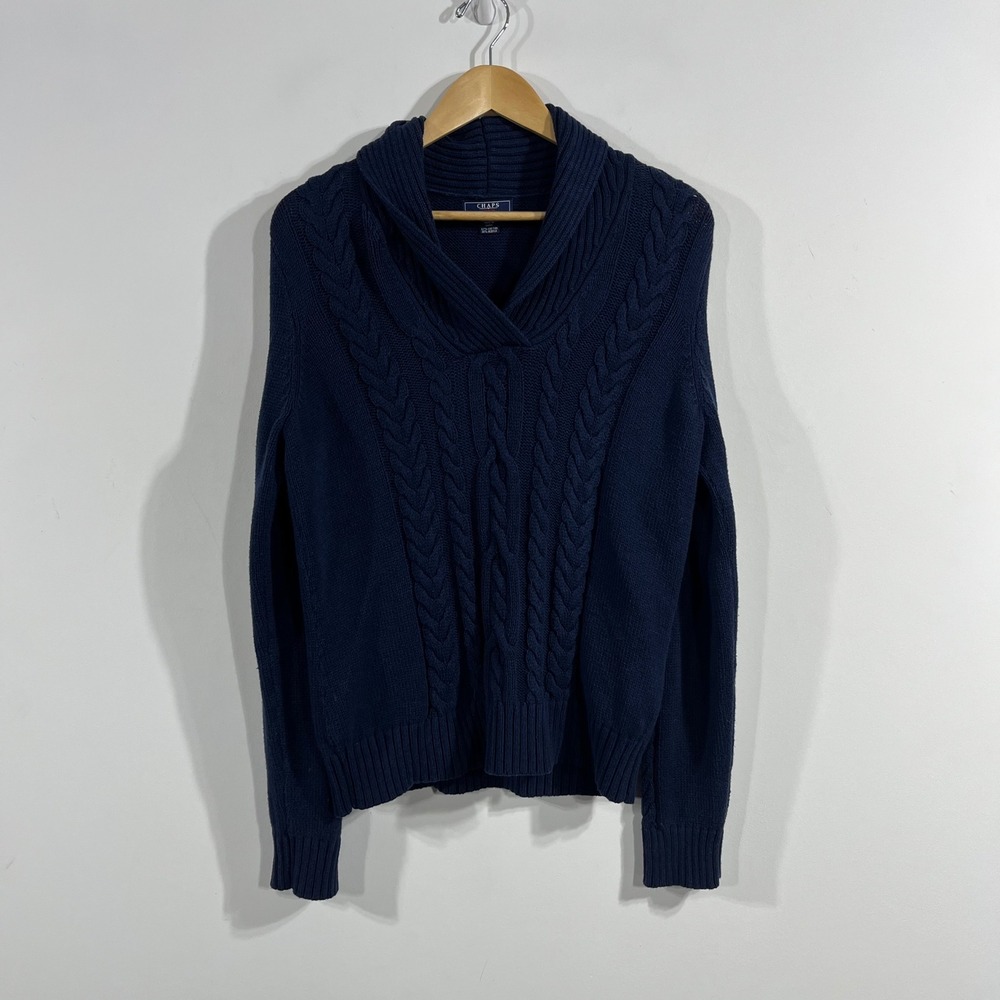 Chaps Old Money Preppy Cable Knit Shawl Collar Sweater Cotton Navy Mens XL 90s